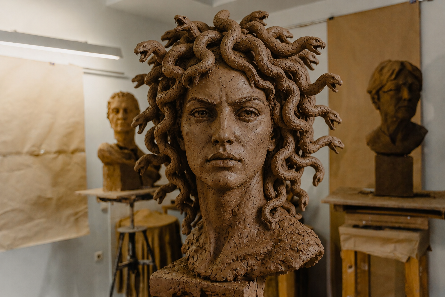 Expressive hand-modelled clay Medusa portrait surrounded by studio studies